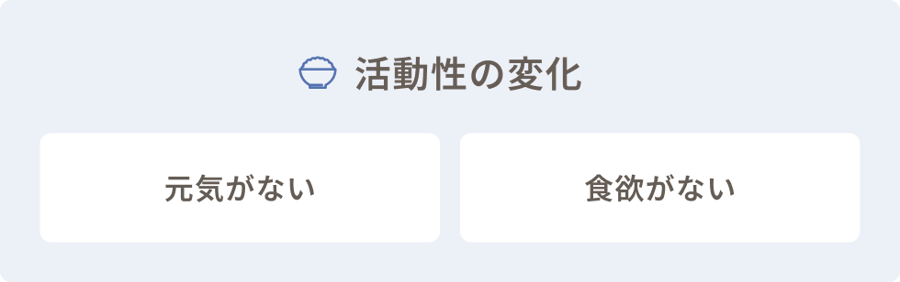 活動性の変化として元気がない、食欲がないがみられる